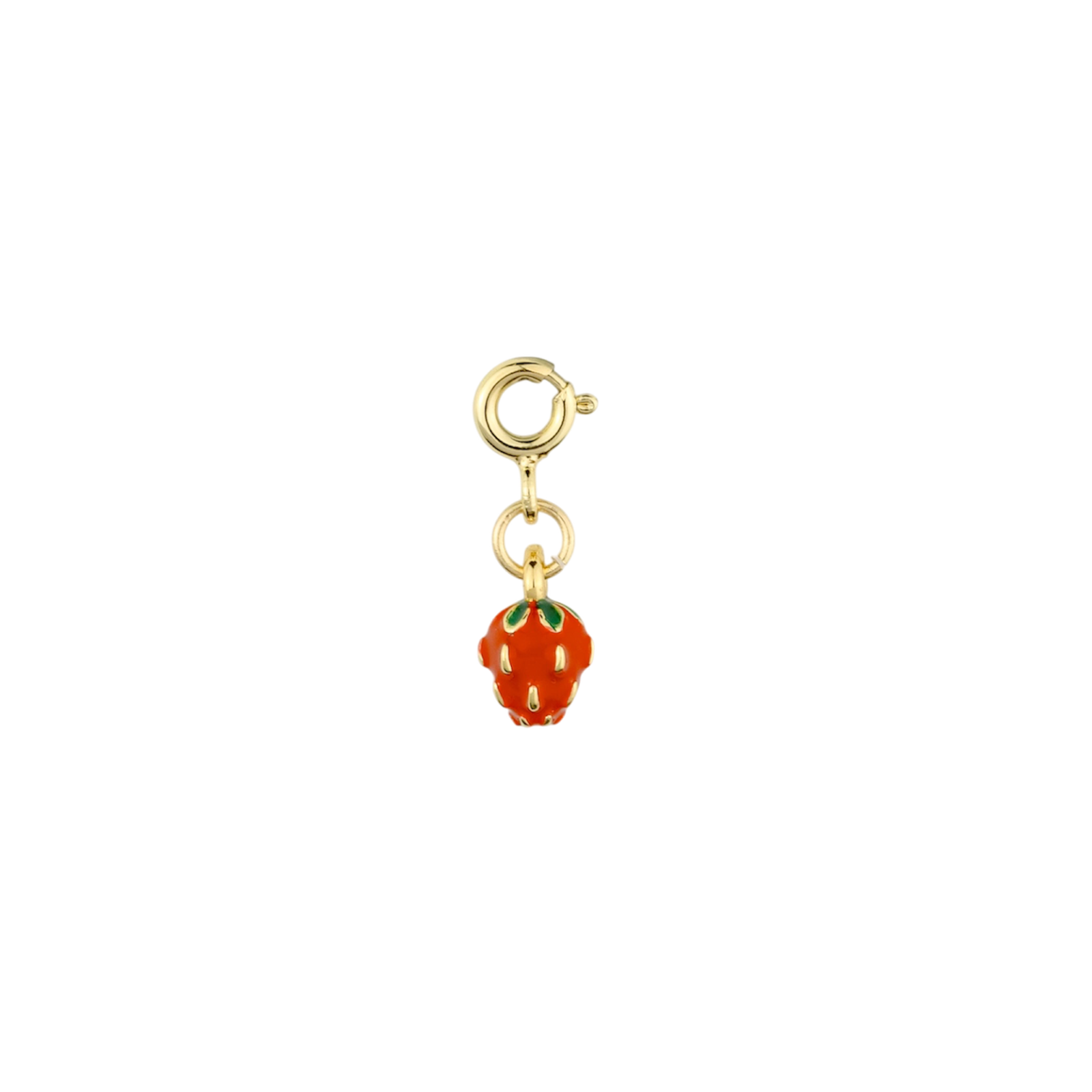 A gold charm featuring a small strawberry pendant with red enamel and green leaf accents, suspended from a lobster clasp on a plain white background.