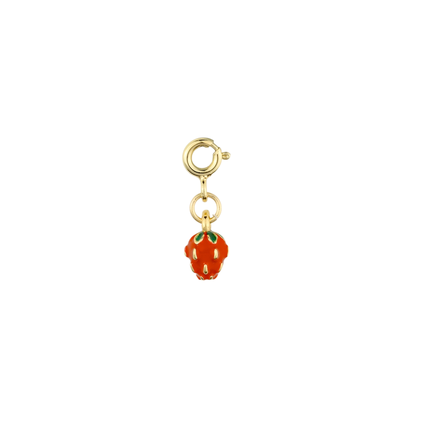A gold charm featuring a small strawberry pendant with red enamel and green leaf accents, suspended from a lobster clasp on a plain white background.