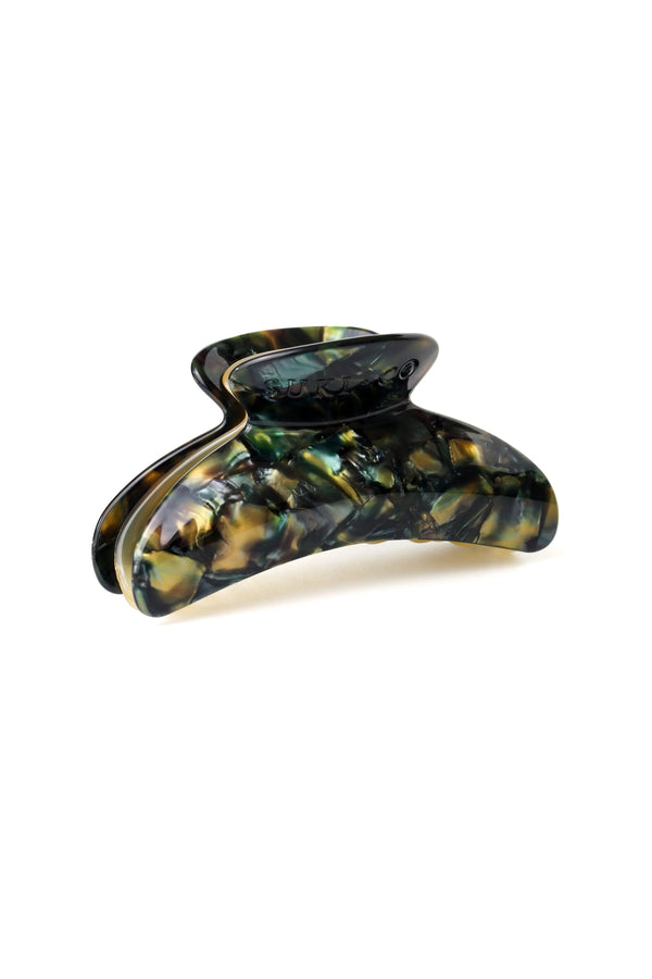 A tortoiseshell hair claw clip with a glossy, marbled pattern of black, olive green, and amber-brown, shown on a clean white background.